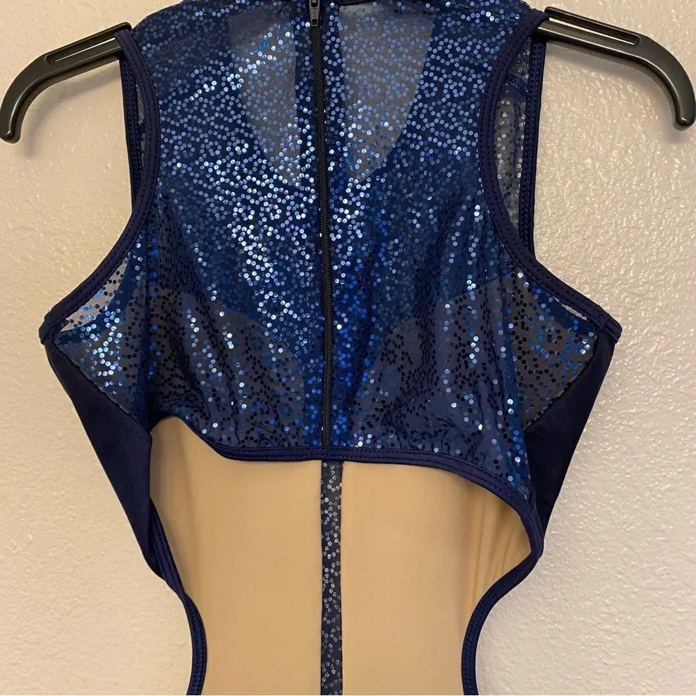 Double platinum dance Costume leotard blue sequin dress N7799P -adult M